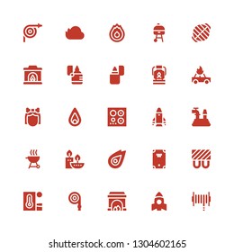 flame icon set. Collection of 25 filled flame icons included Hose, Rocket, Fireplace, Heat, Heating, Billiard, Fire, Candles, Grill, Burner, Troglodyte, Oil lamp, Lighter, Firedrive