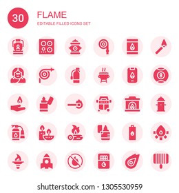 flame icon set. Collection of 30 filled flame icons included Oil lamp, Burner, Hydrant, Hose, Matches, Troglodyte, Extinguisher, Grill, Fire, Pyre, Lighter, Match, Fireplace, Candles
