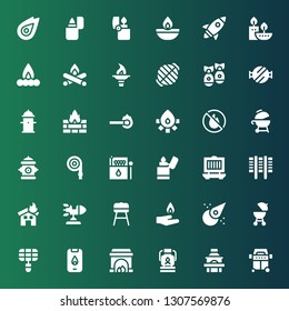 flame icon set. Collection of 36 filled flame icons included Grill, Oil lamp, Fireplace, Fire, Barbecue, Asteroid, Pyre, Rocket, Lighter, Matches, Hose, Hydrant, No fire allowed