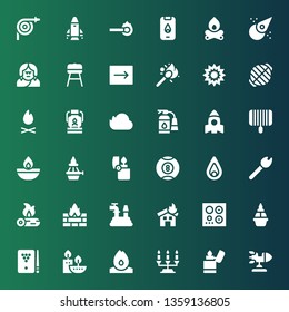 flame icon set. Collection of 36 filled flame icons included Rocket, Lighter, Candelabra, Fire, Candles, Billiard, Flame, Burner, Hose, Firewood, Match, Oil lamp, Grill, Extinguisher