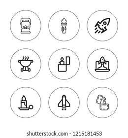 Flame icon set. collection of 9 outline flame icons with bbq, candle, lighter, oil lamp, rocket, startup icons. editable icons.