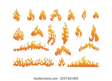 Flame icon set. Fire elemental glows yellow. Flame vector illustration.