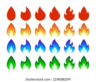 Icono de llama conjunto de diseño plano editable. Icono de fuego. Vectorset estilo incendio rojo, naranja, azul y verde.