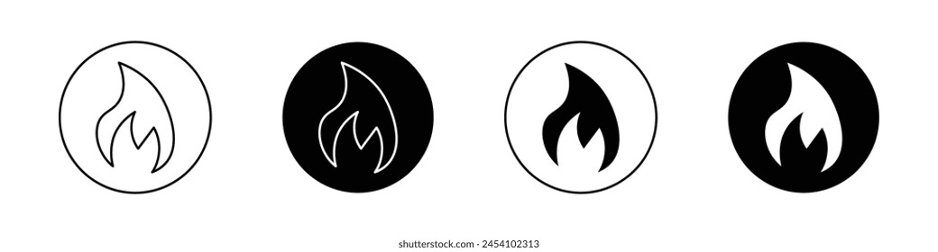 Flame icon set. heat sign. fire burn vector symbol in black filled and outlined style.