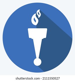 Flame Icon in trendy long shadow style isolated on soft blue background