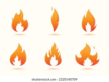 flame icons collection, Cartoon campfire. Fire flames symbol for logo, bright fireball, heat wildfire, red hot bonfire sign, red fiery flames isolated vector illustration set. red and orange gas burn