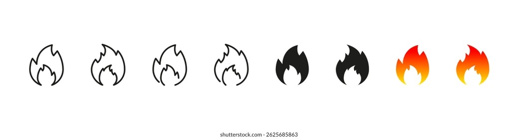 Flame icons in outline, flat, and gradient vector styles.
Fire symbols for heat, burn, and energy representation