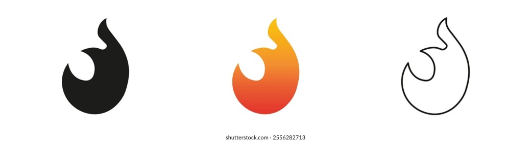 Flame icons representing heat and energy in various designs. Fire icon vector set. Flame icon collection. Fire flame symbol. Black, gradient, line set