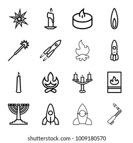 Flame icons. set of 16 editable outline flame icons such as rocket, sparklers, bonfire, candle, explode, candlestick, fire protection, flame, menorah