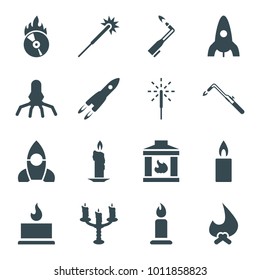 Flame icons. set of 16 editable filled flame icons such as rocket, candle, sparklers, blowtorch, bonfire, cd fire, sparkler, candlestick