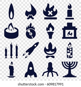 Flame icons set. set of 16 flame filled icons such as rocket, candle, no fire, CD fire, fireplace, flame, torch, menorah