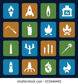 Flame icons set. set of 16 flame filled icons such as rocket, sparklers, blowtorch, CD fire, candle, fireplace, candlestick, flame, torch