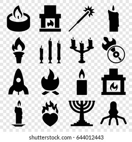 Flame icons set. set of 16 flame filled icons such as rocket, sparklers, heart in fire, disc flame, candle, fireplace, candlestick, torch, bonfire