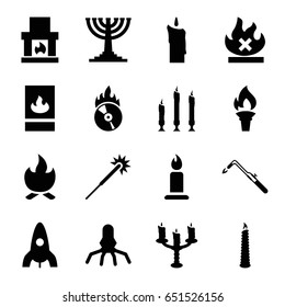 Flame icons set. set of 16 flame filled icons such as rocket, candle, sparklers, blowtorch, no fire, cd fire, candlestick, fire protection, torch, bonfire, menorah
