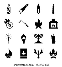 Flame icons set. set of 16 flame filled icons such as blowtorch, candle, sparkler, fireplace, candlestick, fire protection, torch, bonfire, menorah