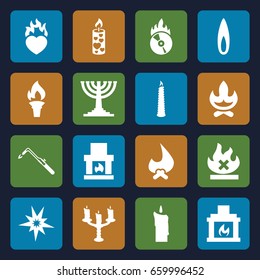 Flame icons set. set of 16 flame filled icons such as blowtorch, no fire, candle, heart in fire, cd fire, fireplace, candlestick, flame, torch, menorah, explode