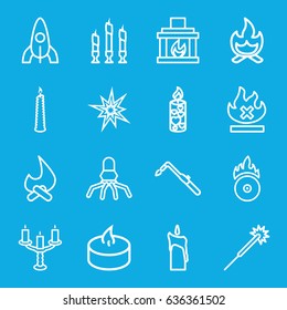 Flame icons set. set of 16 flame outline icons such as rocket, sparklers, blowtorch, no fire, candle, cd fire, fireplace, candlestick, bonfire