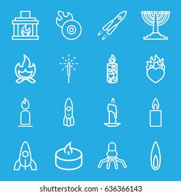 Flame icons set. set of 16 flame outline icons such as rocket, candle, heart in fire, sparkler, fireplace, bonfire