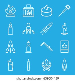 Flame icons set. set of 16 flame outline icons such as rocket, candle, sparklers, blowtorch, no fire, fireplace, fire protection, flame