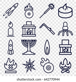 Flame icons set. set of 16 flame outline icons such as candle, sparklers, blowtorch, no fire, cd fire, fireplace, menorah, rocket, explode