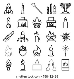 Flame icons. set of 25 editable outline flame icons such as rocket, candle, bonfire, fireplace, explode, no fire, heart in fire, sparkler, fire protection, torch, menorah