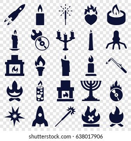 Flame icons set. set of 25 flame filled icons such as rocket, candle, sparklers, blowtorch, no fire, heart in fire, disc flame, cd fire, sparkler, fireplace, candlestick