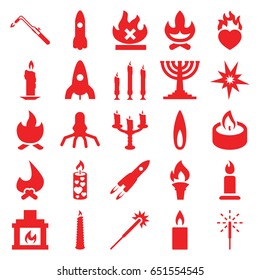 Flame icons set. set of 25 flame filled icons such as rocket, candle, sparklers, blowtorch, no fire, heart in fire, sparkler, fireplace, candlestick, flame, torch, bonfire