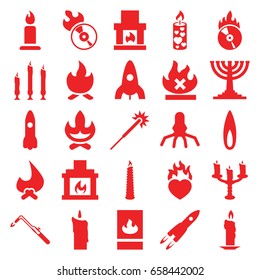 Flame icons set. set of 25 flame filled icons such as rocket, candle, sparklers, blowtorch, no fire, heart in fire, cd fire, fireplace, candlestick