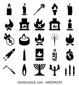 Flame icons set. set of 25 flame filled icons such as candle, sparklers, blowtorch, no fire, cd fire, sparkler, fireplace, candlestick, fire protection, torch, bonfire