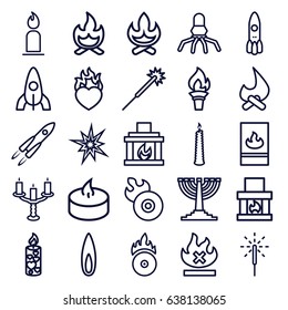 Flame icons set. set of 25 flame outline icons such as rocket, candle, sparklers, no fire, heart in fire, cd fire, sparkler, fireplace, candlestick, menorah, torch