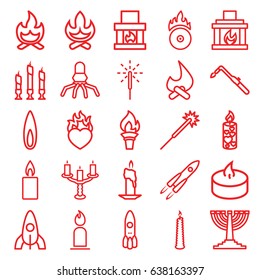 Flame icons set. set of 25 flame outline icons such as rocket, candle, sparklers, blowtorch, heart in fire, cd fire, sparkler, fireplace, candlestick, flame, bonfire, menorah
