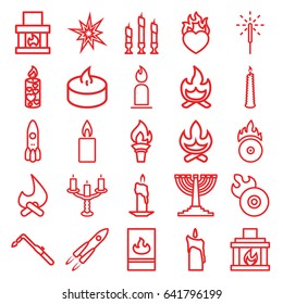 Flame icons set. set of 25 flame outline icons such as candle, blowtorch, heart in fire, disc flame, cd fire, sparkler, fireplace, candlestick, fire protection, bonfire