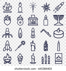 Flame icons set. set of 25 flame outline icons such as rocket, candle, sparklers, blowtorch, no fire, heart in fire, cd fire, sparkler, fireplace, flame, menorah, torch