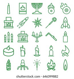 Flame icons set. set of 25 flame outline icons such as rocket, candle, sparklers, blowtorch, cd fire, sparkler, fireplace, candlestick, fire protection, bonfire, menorah