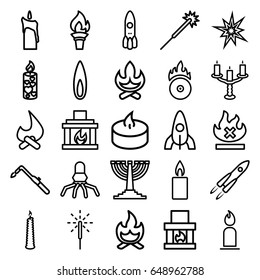 Flame icons set. set of 25 flame outline icons such as rocket, candle, sparklers, blowtorch, no fire, cd fire, sparkler, fireplace, candlestick, flame, bonfire, menorah, torch