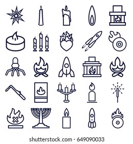 Flame icons set. set of 25 flame outline icons such as rocket, candle, blowtorch, no fire, heart in fire, cd fire, sparkler, fireplace, candlestick, menorah