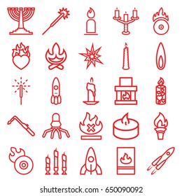 Flame icons set. set of 25 flame outline icons such as rocket, candle, sparklers, blowtorch, no fire, heart in fire, cd fire, sparkler, candlestick, fire protection, menorah