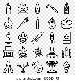 Flame icons set. set of 25 flame outline icons such as rocket, sparklers, blowtorch, no fire, candle, cd fire, candlestick, fire protection, bonfire, menorah, torch, explode