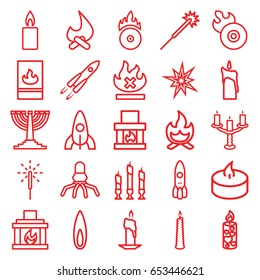 Flame icons set. set of 25 flame outline icons such as rocket, sparklers, no fire, candle, cd fire, sparkler, fireplace, candlestick, fire protection, bonfire, menorah