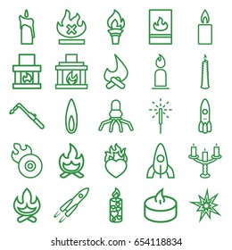 Flame icons set. set of 25 flame outline icons such as rocket, candle, blowtorch, no fire, heart in fire, sparkler, fireplace, candlestick, fire protection, bonfire, torch