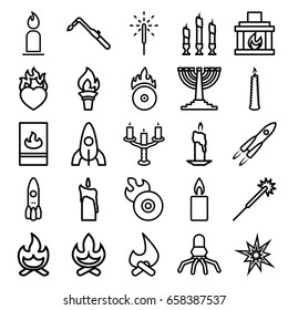 Flame icons set. set of 25 flame outline icons such as rocket, candle, sparklers, blowtorch, heart in fire, disc flame, cd fire, sparkler, fireplace, candlestick