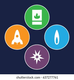 Flame icons set. set of 4 flame filled icons such as rocket, fire protection, flame