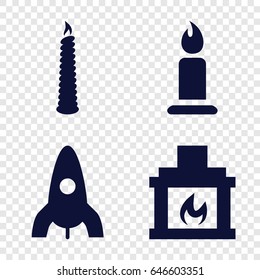 Flame icons set. set of 4 flame filled icons such as rocket, candle