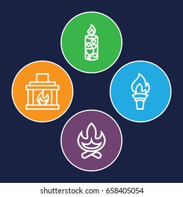 Flame icons set. set of 4 flame outline icons such as candle, fireplace, torch