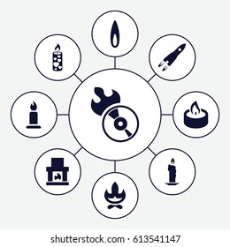 Flame icons set. set of 9 flame filled icons such as candle, rocket, bonfire