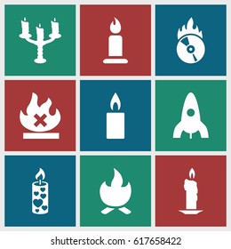 Flame icons set. set of 9 flame filled icons such as rocket, candle, no fire, CD fire, candlestick