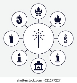 Flame icons set. set of 9 flame filled icons such as candle, CD fire, sparkler, fireplace