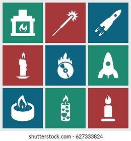 Flame icons set. set of 9 flame filled icons such as rocket, candle, sparklers, CD fire