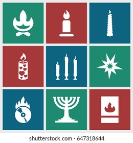 Flame icons set. set of 9 flame filled icons such as candle, cd fire, fire protection, menorah, explode