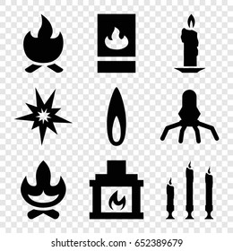 Flame icons set. set of 9 flame filled icons such as candle, fireplace, fire protection, flame, bonfire, rocket